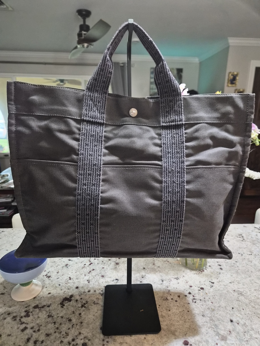 Authentic Hermès Her Line Tote GM Extra Large Travel Bag Grey Canvas Weekender